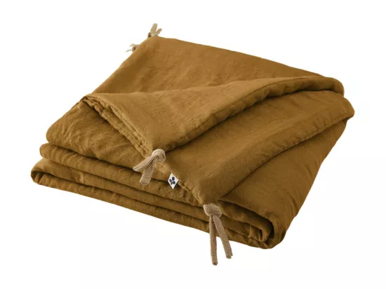 Édredon 90 x 200 cm lin lavé caramel avec 4 nouettes en jute - LUISA