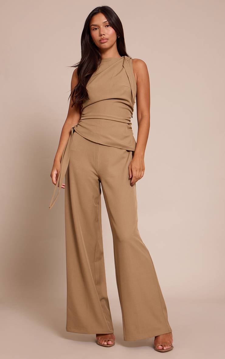 Kaki Combinaison Pantalon Large Moka Foncé Tissée Col Montant Froncé