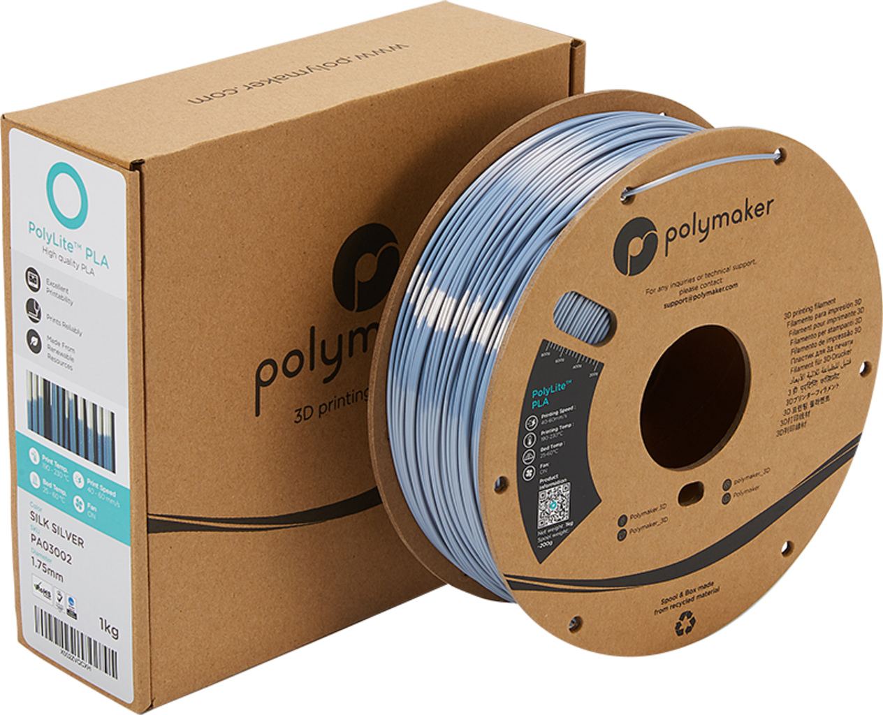 Polymaker  PolyLite Silk PLA Silver, 1,75 mm / 1000 g    Glänzendes Seidenfilament