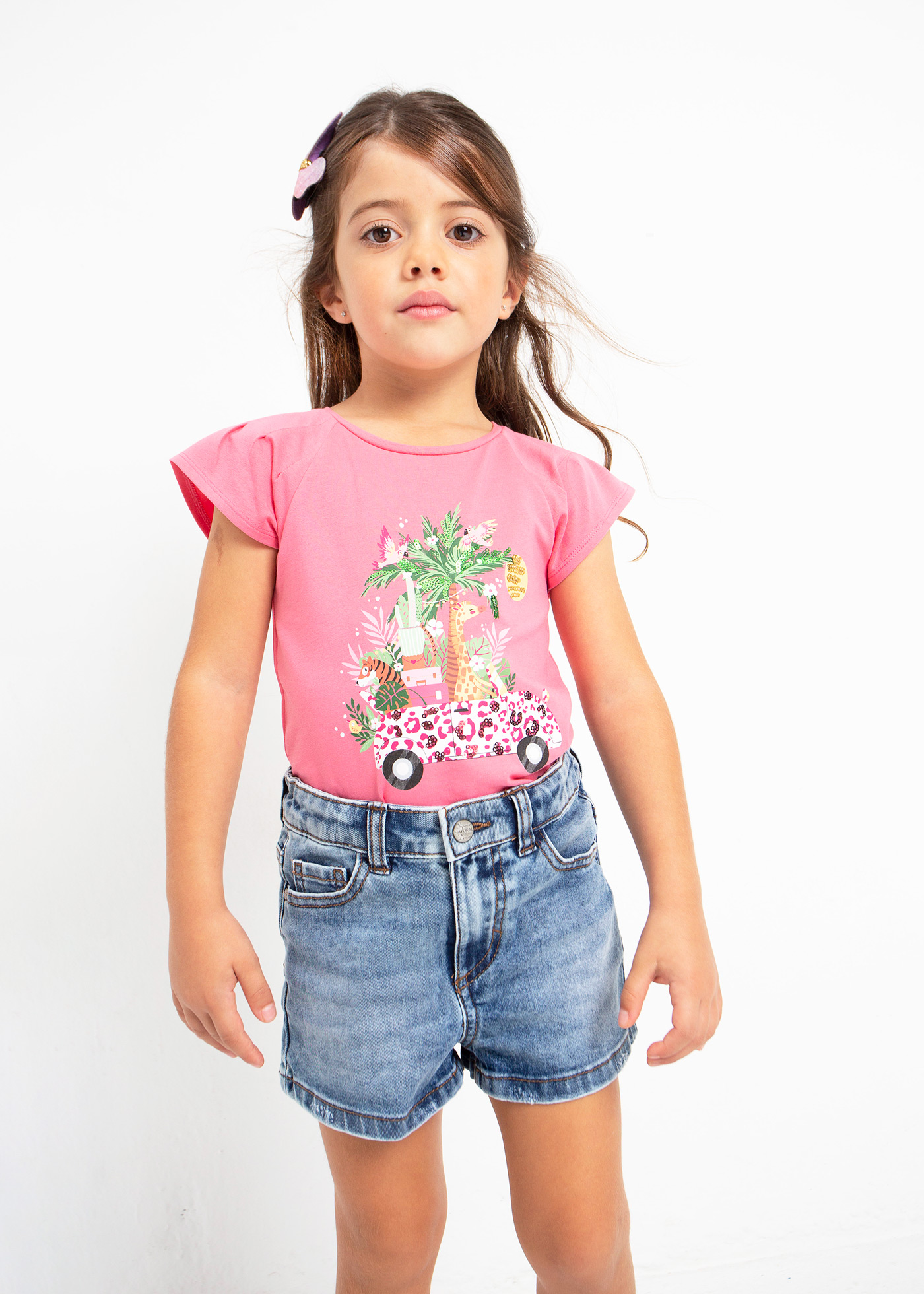 Camiseta de algodão de manga curta com estampa para meninas