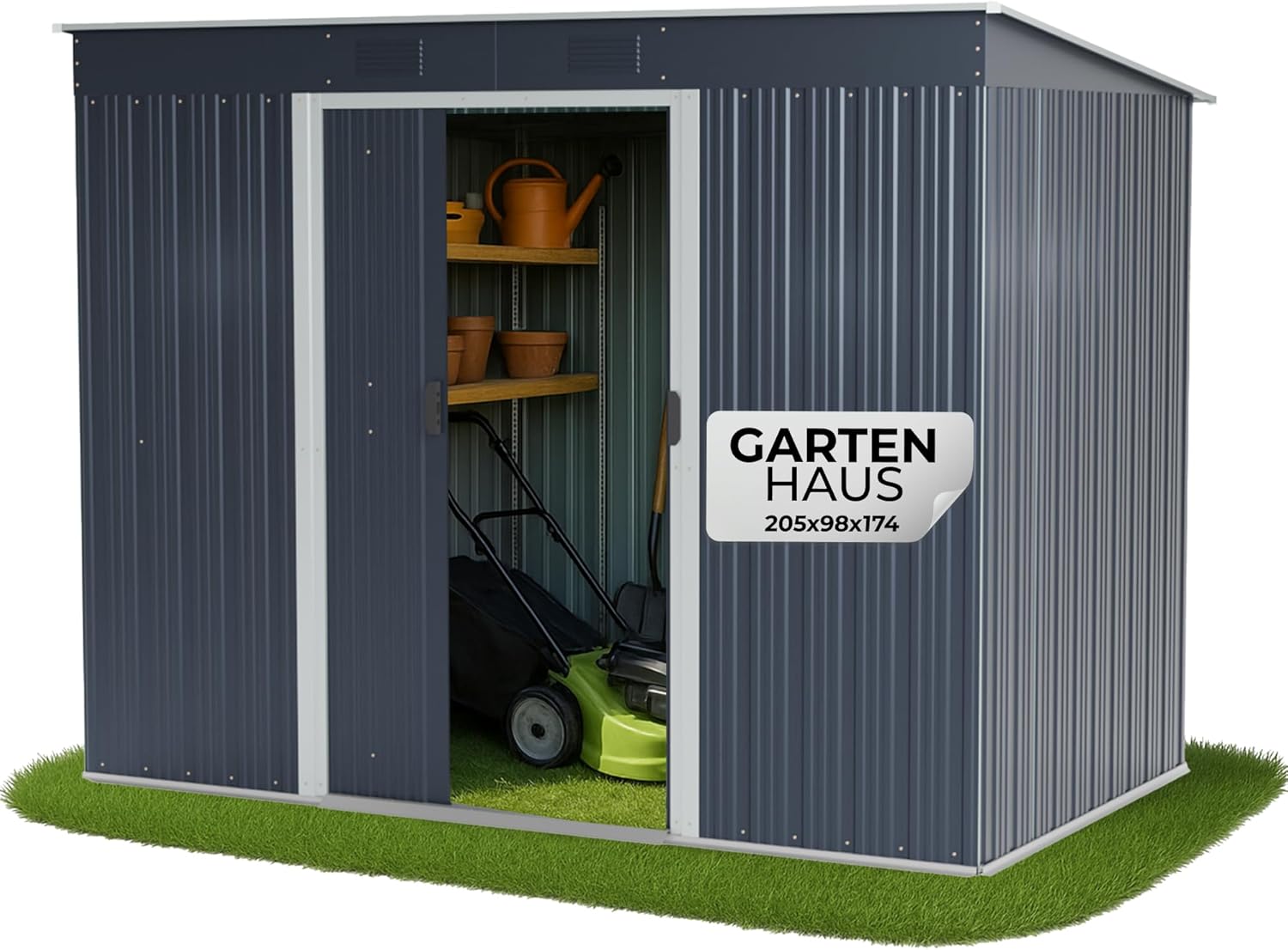 STREND PRO Metall Gartenhaus mit Unterbau, Anthrazit, 205 x 96 x 174 cm | Solide & Langlebig | Geräteschuppen mit 2 Schiebetüren | Garten gerätehause | Gartenlaube | Blechhütte | Fahrradgarage