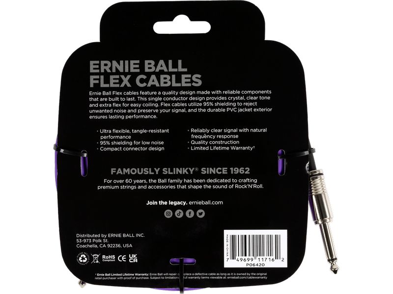 Ernie Ball Instrumentenkabel Flex 6420 – 6.09 m, Purpur Flexibles Standardkabel für Instrumente