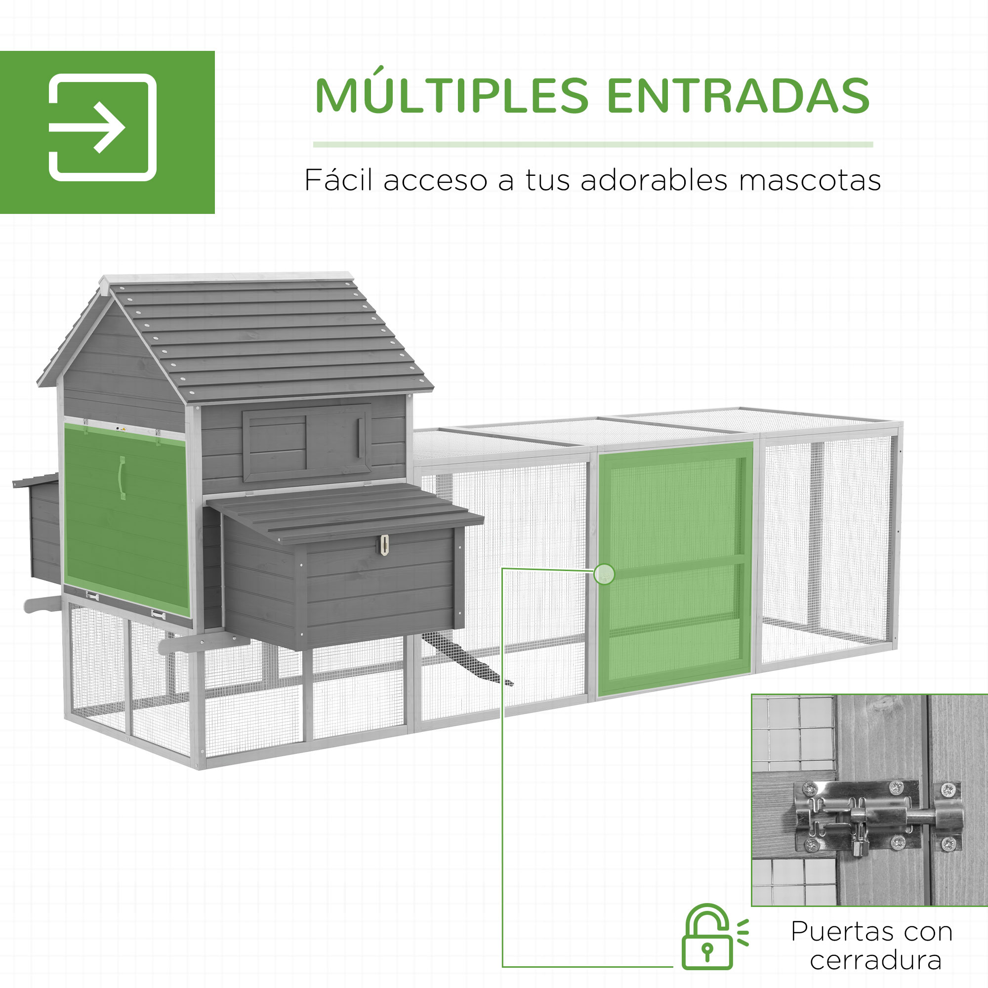 Galinheiro grande de madeira PawHut, 310,5 x 149,5 x 149 cm, para 4 a 6 galinhas, com 2 janelas, portas, ninho, bandeja removível e rampa para uso externo, cinza.