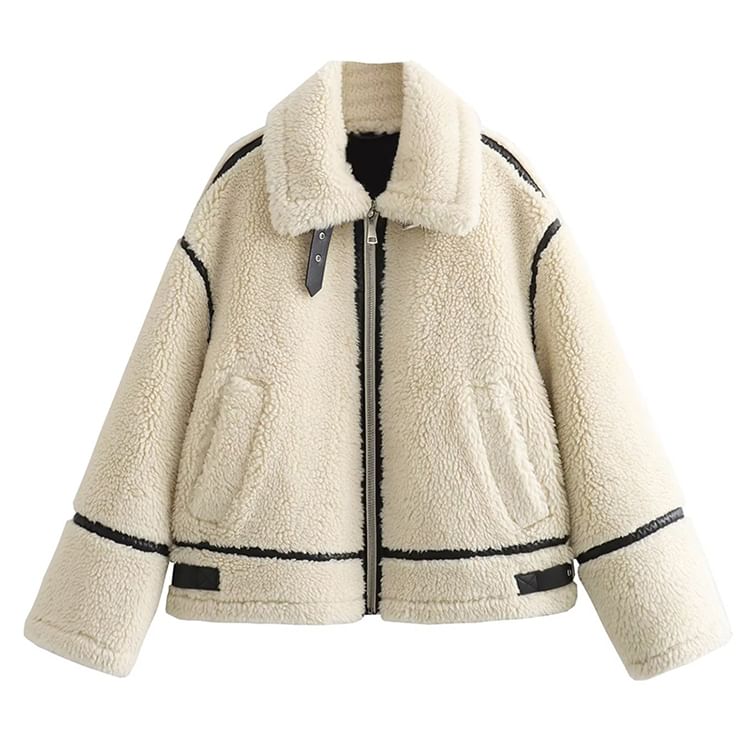 SugaYuja - Fleece jack met kraag, imitatieleren paneel en contrasterende bies