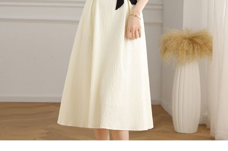 EFO - Korte mouw V-hals two-tone strik mini A-lijn jurk / midi-jurk