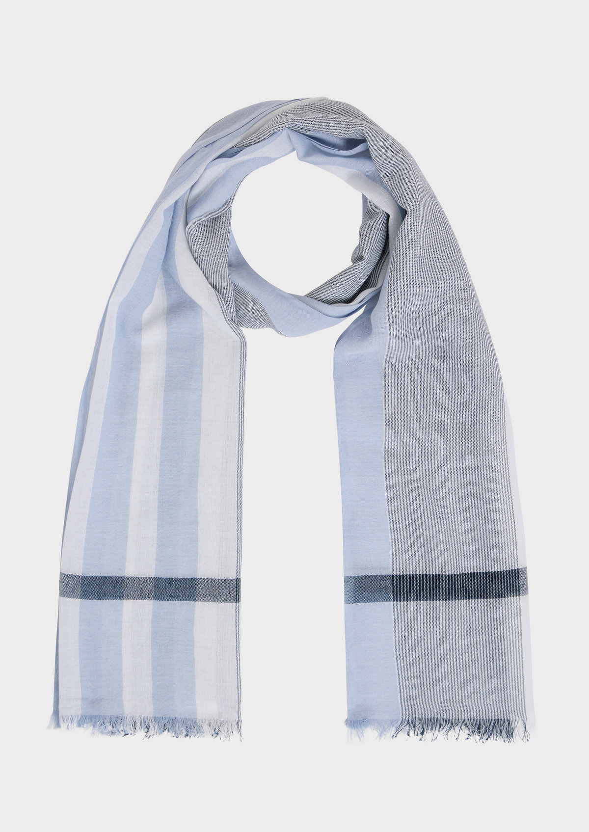 Echarpe en coton blanc à rayures bleu ciel et bleu marine
