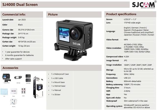 SJCAM SJ4000Dual Screen 4K 30fps Action kamera, Wifi, Dual screen, Vandtæt skal. transportabel