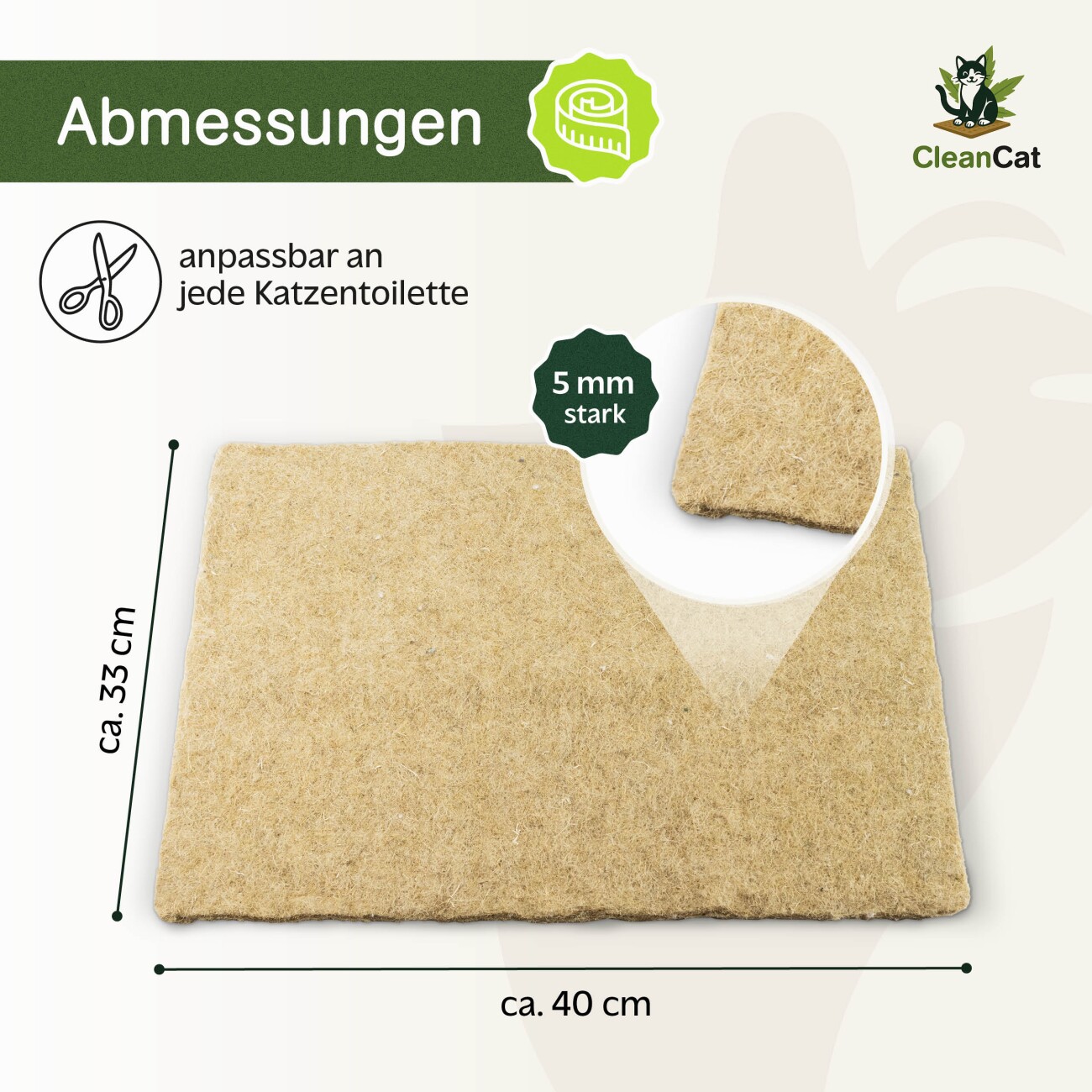 Rohrschneider CleanCat Hanfmatte 5 mm stark als Katzenstreu-Ersatz, zuschneidbar, geruchsneutralisierend 5