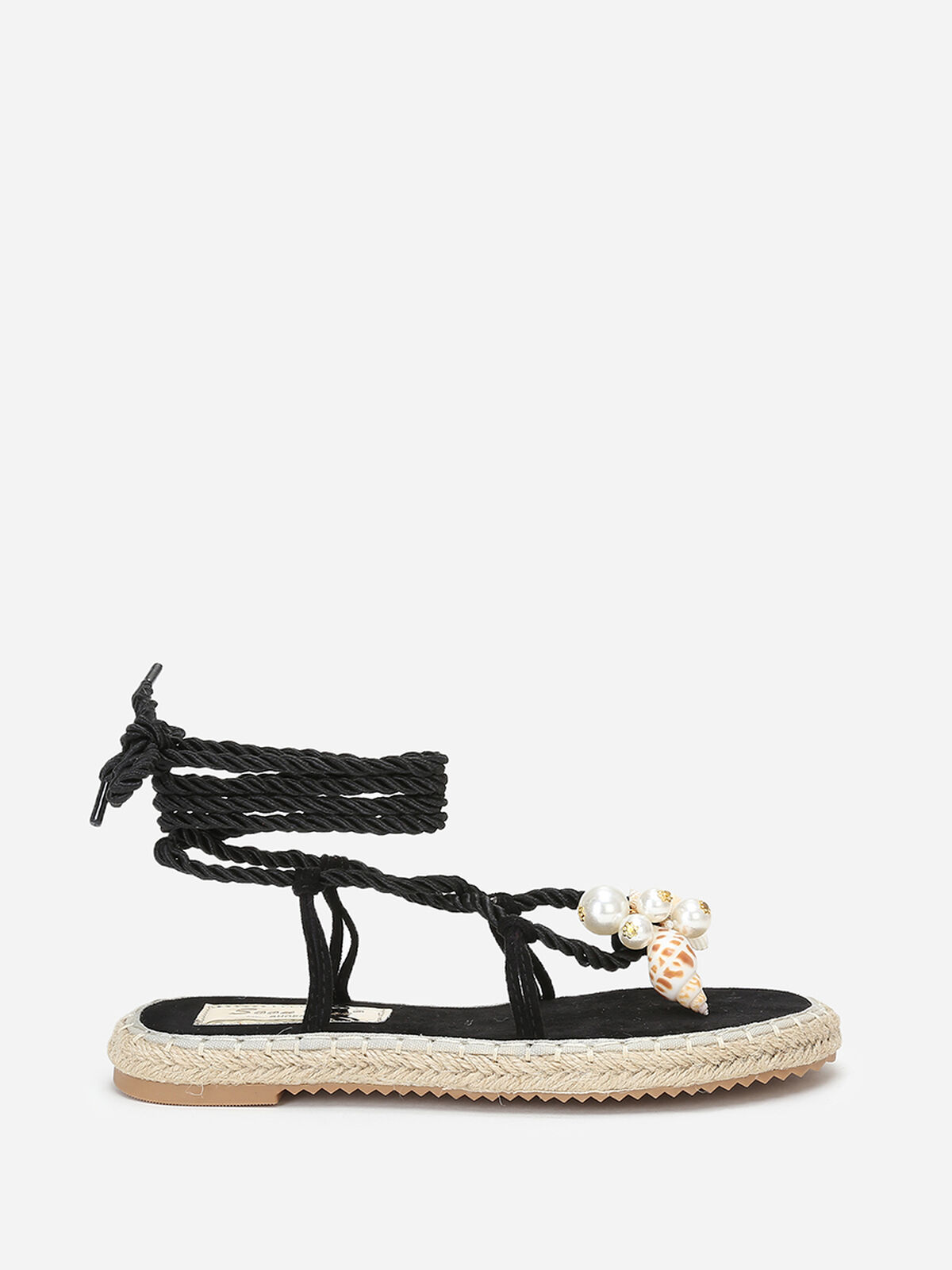 Nu-pieds en suédine à perles et coquillages- Noir