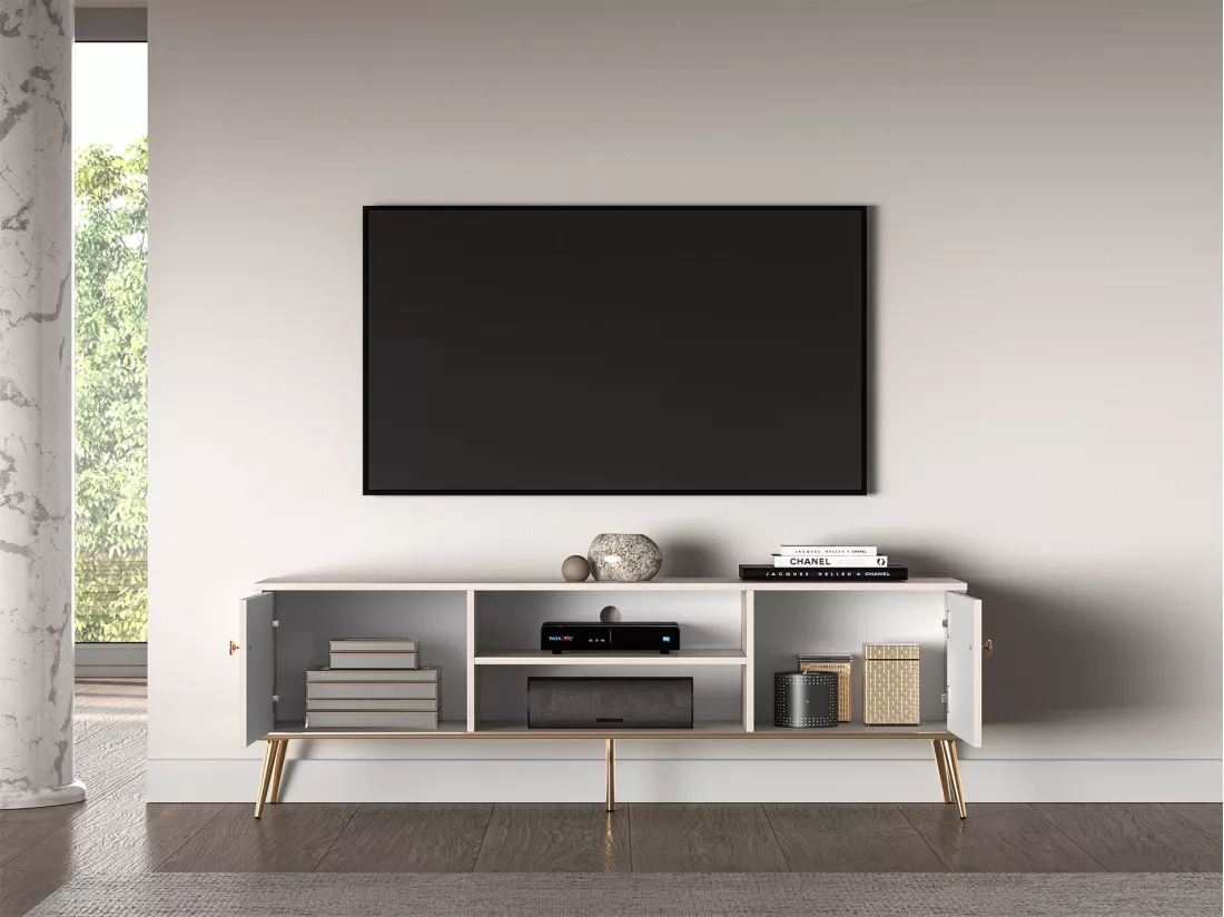 Meuble TV à deux portes - 160 cm - avec pieds dorés - grège - SELGIN