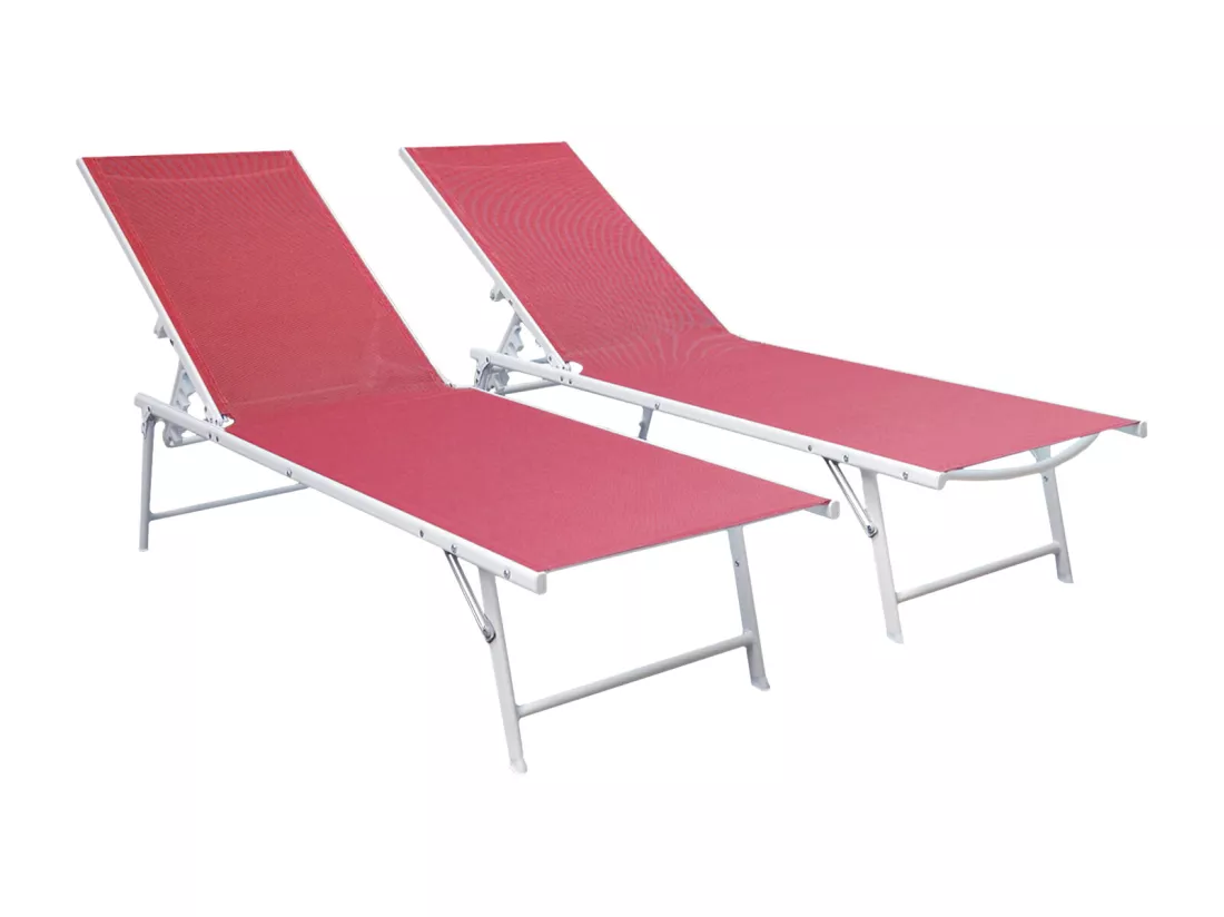 Lot de 2 bains de soleil pliants SICILIA en textilène rose - structure blanche - HAPPY GARDEN