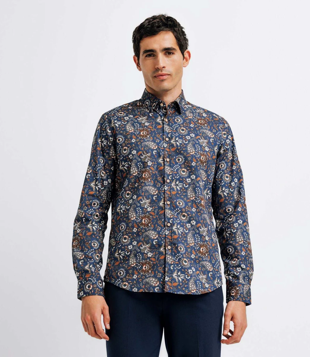 Chemise à imprimé fleurs marine et camel