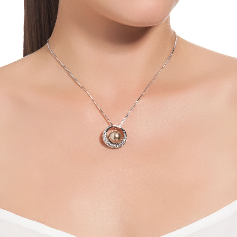 Pendentif Cercle Perle Marron et Cristal Blanc