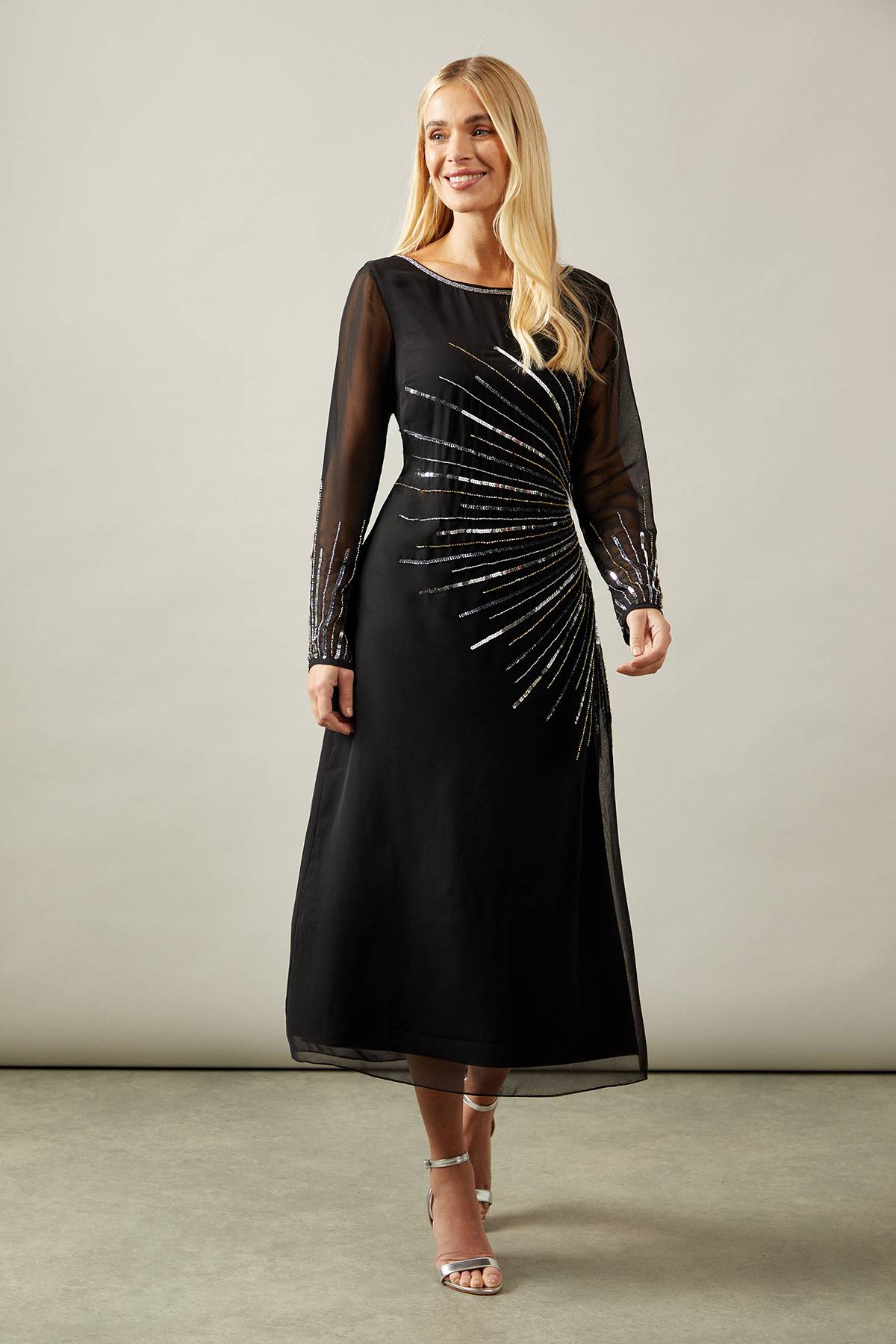 Wallis Robe Midi à Manches Longues Ornée de Paillettes Petite Occasion