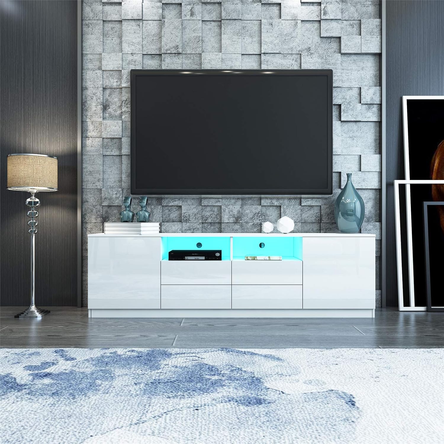 TV Lowboard für Wohnzimmer, Weiß Hochglanz TV Schrank mit 2 Türen 4 Schubladen, Modernes Fernsehschrank für Wohnzimmer Schlafzimmer Möbel 180cm