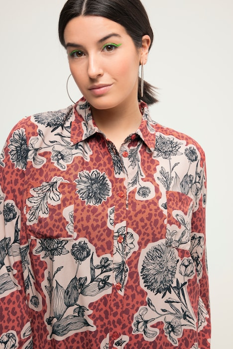 Hemdbluse, Boxy Shape, Flower-Print, Hemdkragen, Langarm