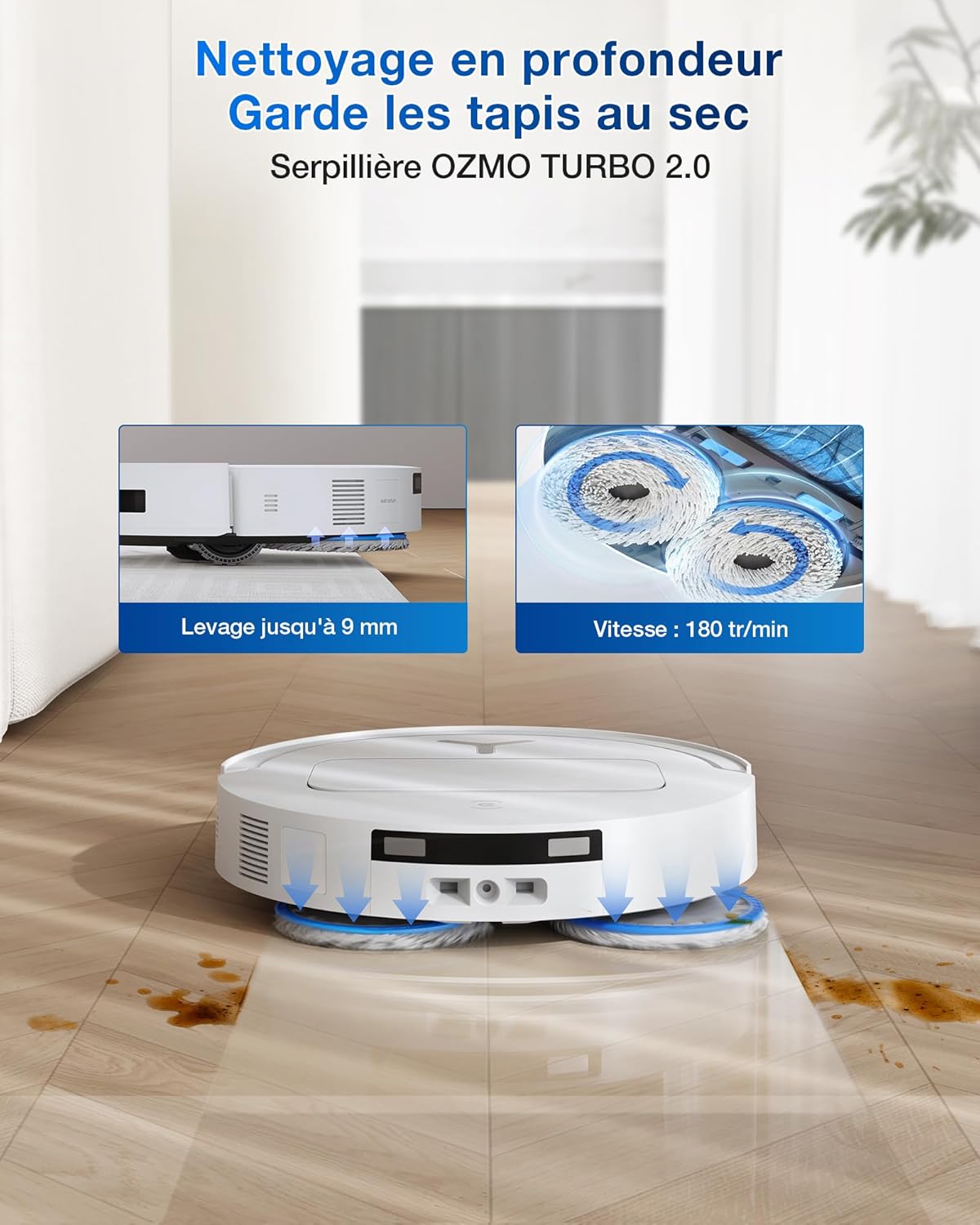 ECOVACS T50 Omni Aspirateur Robot avec Station, Puissance 15000Pa (amélioré par T30 Pro Omni), Brosse latérale et serpillière Extensibles, ZeroTangle 2.0, AIVI 3D 2.0, Lavage à l'eau Chaude 75℃,Blanc