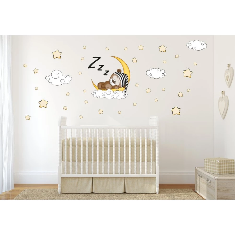 Nikima Wandtattoo 087 Wandtattoo Teddy auf Mond Sterne Wolken bunt