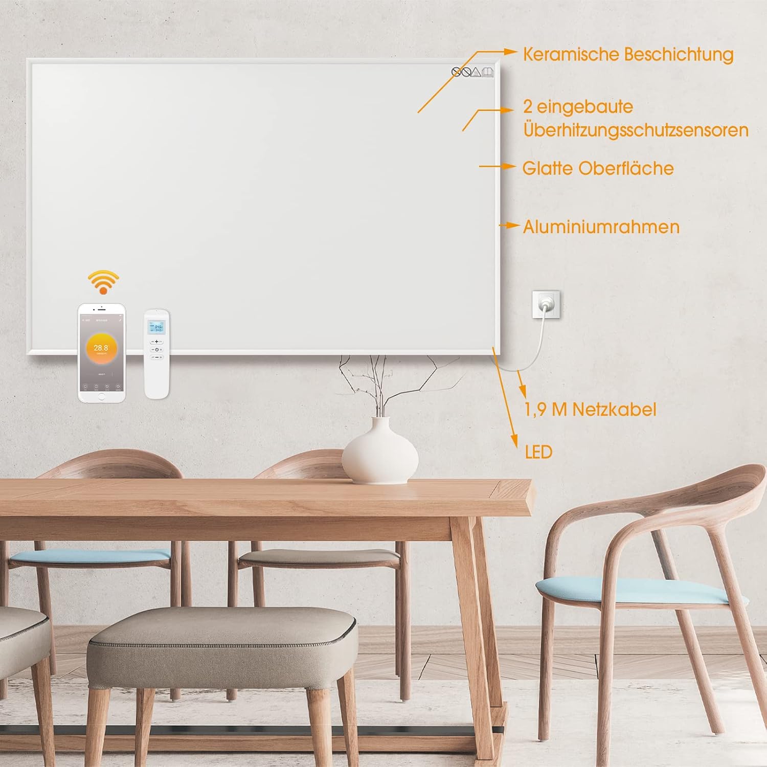 Byecold Infrarotheizung mit Thermostat 900 Watt, App Fernbedienung Steuerung, Infrarot wandmontage Elektroheizung Energiesparende, Wandheizung Heizpaneel Elektrisc Energiesparend Überhitzungsschutz