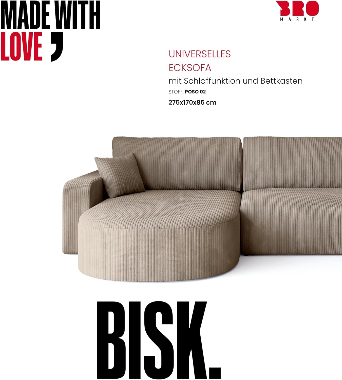 BROMARKT Ecksofa mit Schlaffunktion und Bettkasten Cordstoff Sofa Dreisitzer Schlafsofa Eckcouch Relaxsofa für Wohnzimmer Wohnlandschaft L-Form Bisk 275x170x85cm Beige