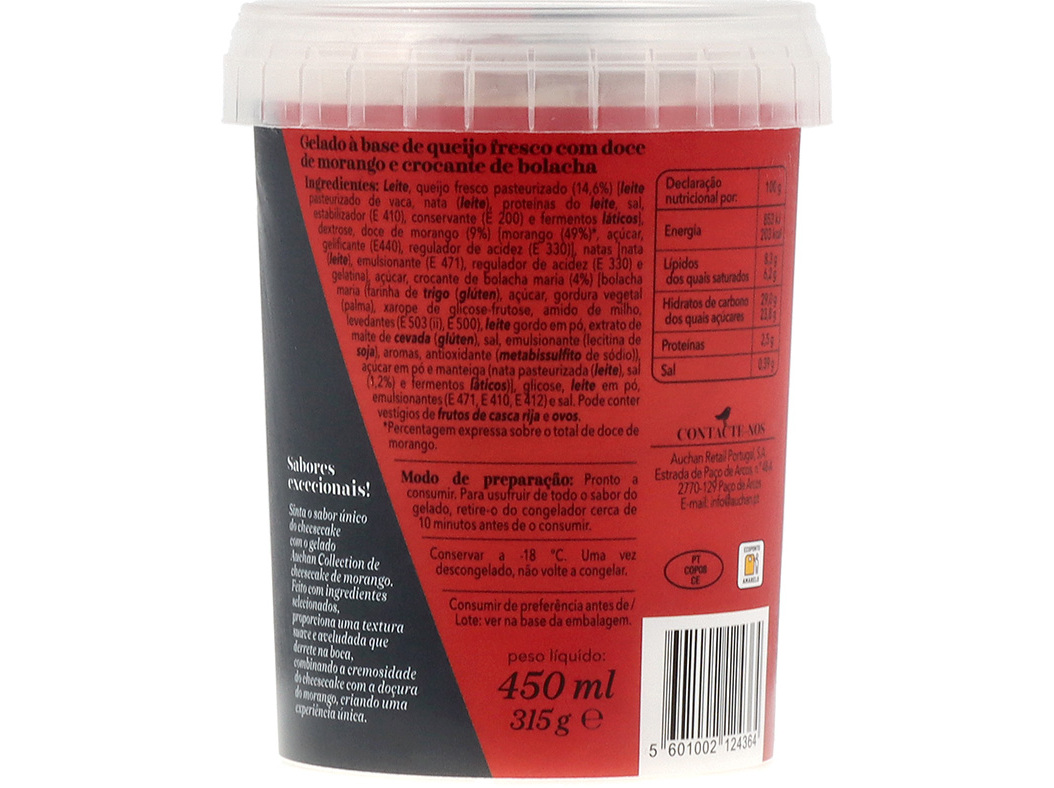 GELADO AUCHAN COLLECTION CHEESECAKE MORANGO 450ML