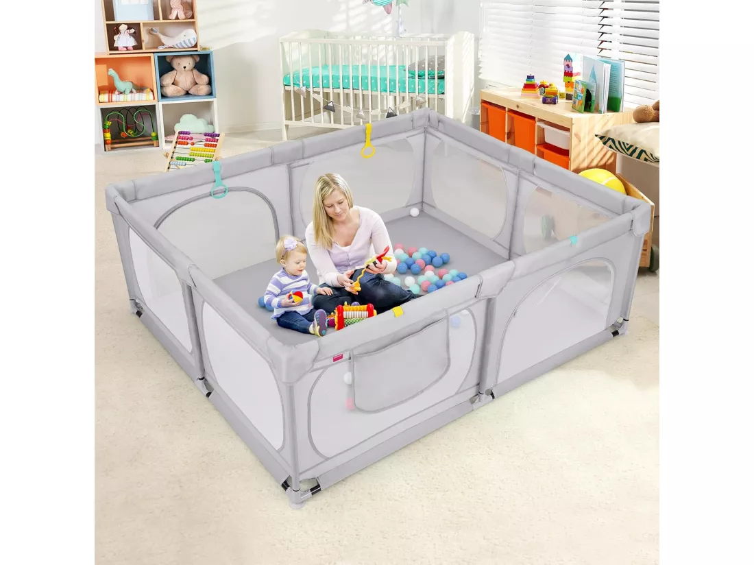 Grand Parc pour Bébé avec 50 Balles Océaniques, Clôture pour Tout-Petits avec 4 Anneaux à Main, Centre d'Activités pour Bébé avec Maille Respirante, 189 x 158 x 68 CM (Gris Clair)