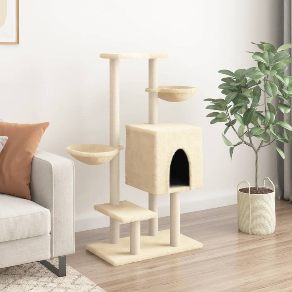 Arranhador para gatos vidaXL com postes de sisal, cor creme, 117 cm