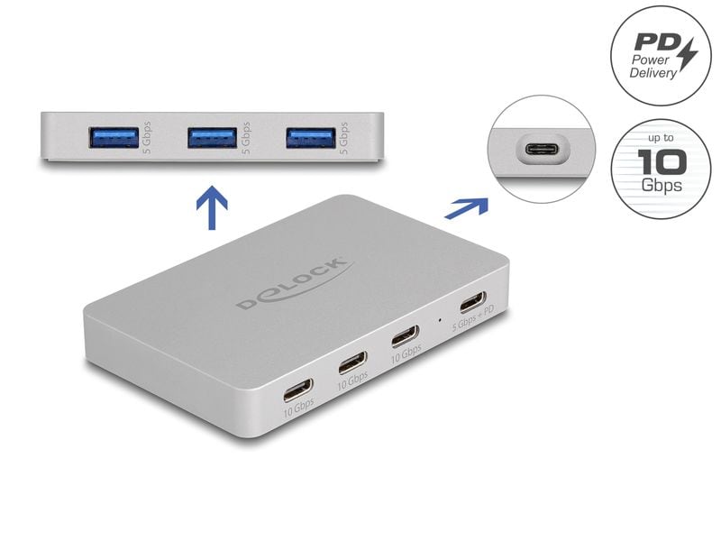 Delock USB-Hub 64279 7x Port USB Hub Delock 7 Port USB Hub mit 4 x USB Type-C Buchse und 3 x USB Typ-A Buchse mit PD 82 W