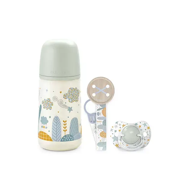 Conjunto de presente Suavinex com mamadeira, chupeta e prendedor de chupeta, Azul Sonhos, 270ml