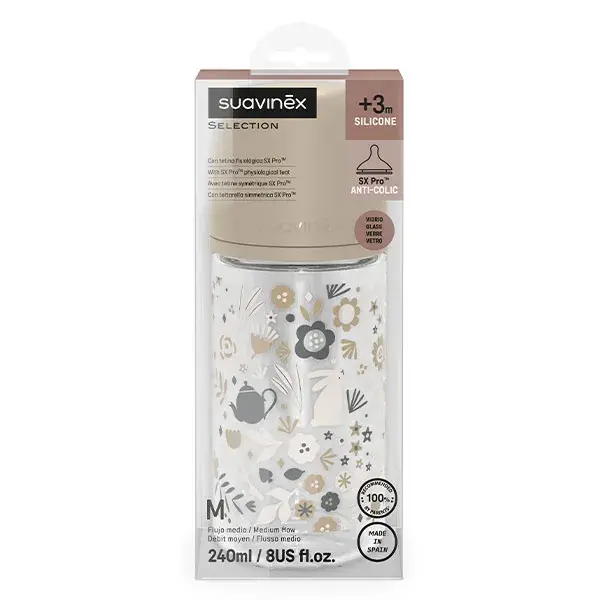 Suavinex, Wonderland, Biberon verre Tétine SXPro M - Wonderland Beige - 240ml