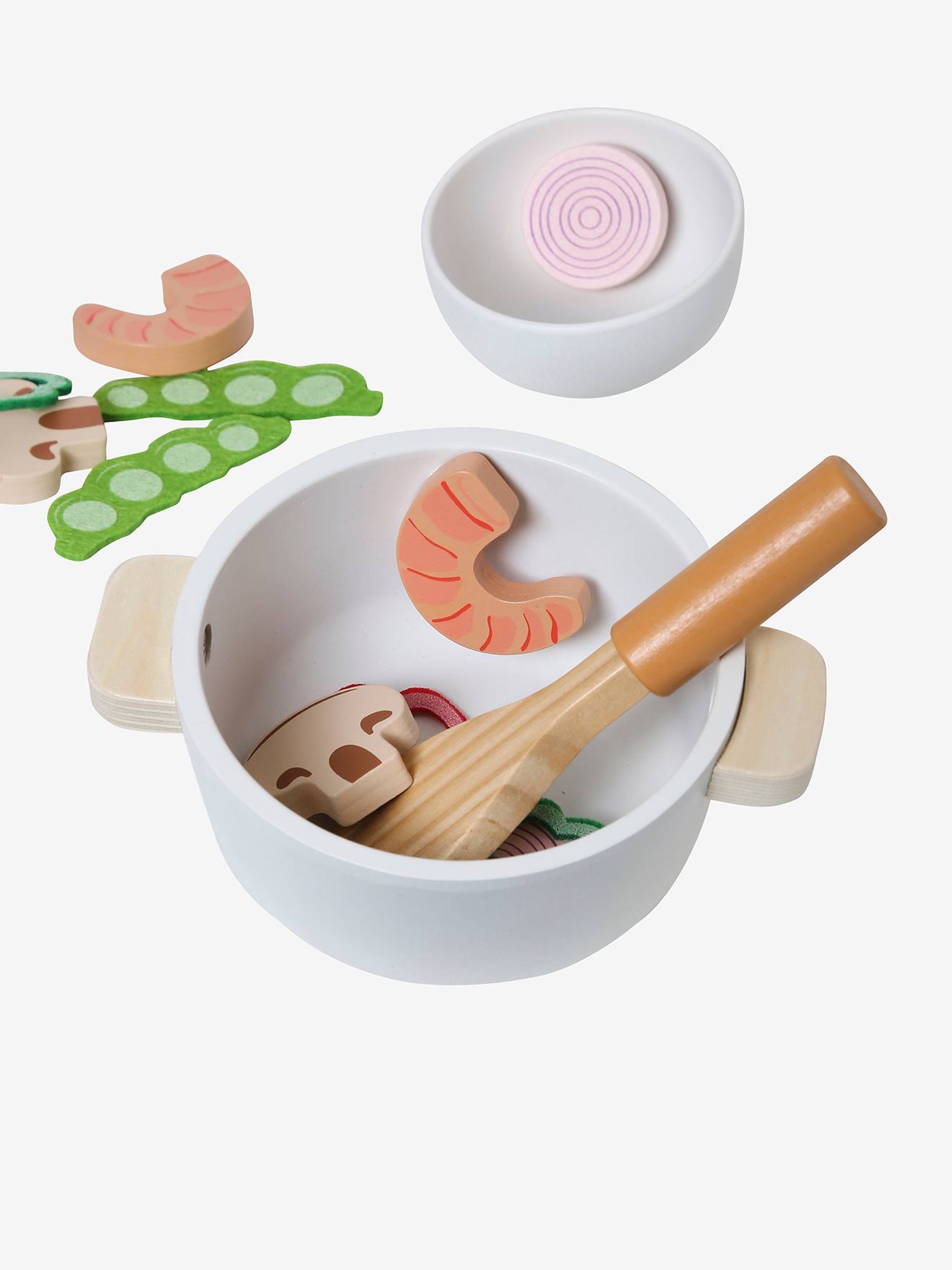 Conjunto de wok para legumes em madeira certificada FSC®, bege médio liso com padrões.