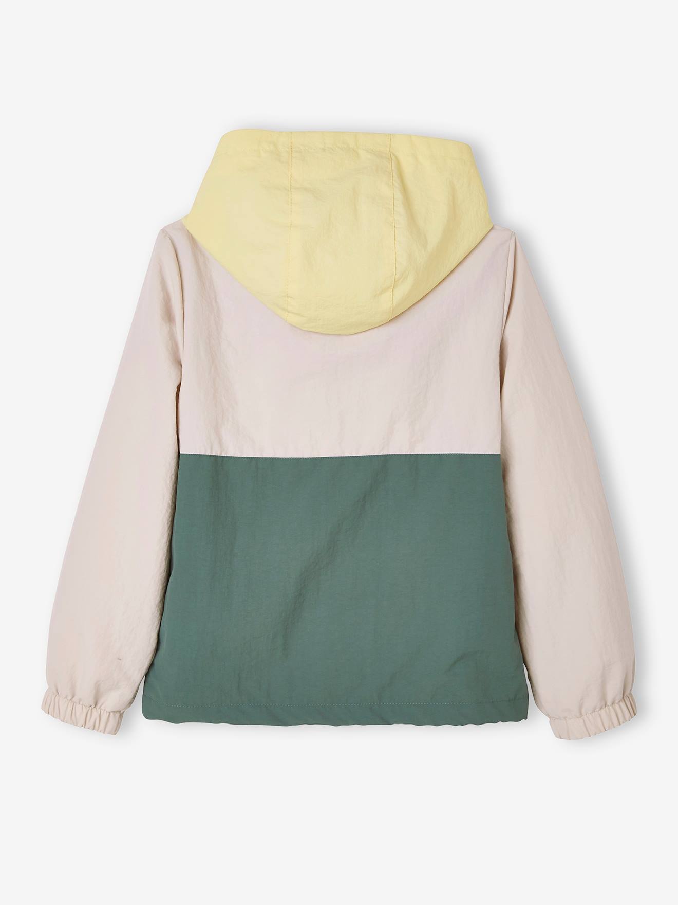 Jaqueta corta-vento com capuz e efeito colorblock, para meninos, bege claro liso com estampas.