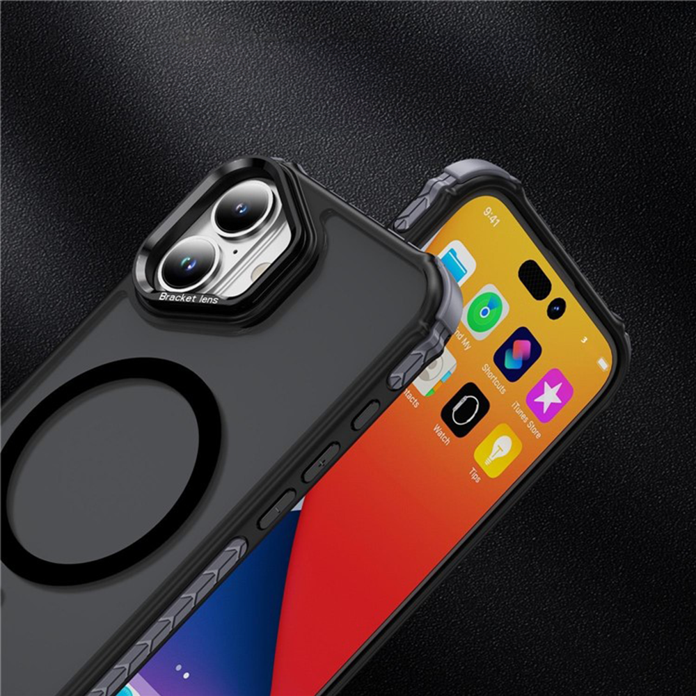 iPhone 16 MagSafe Hybrid Hardcase Hülle mit Kunststoff Rückseite und TPU Bumper   Kickstand Aufsteller - Schwarz