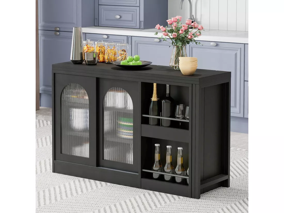 Meuble de bar extensible pivotant, table à manger - 2 portes coulissantes en verre et 2 étagères - Bois MDF - 115 x 40 x 74.5 cm - Noir