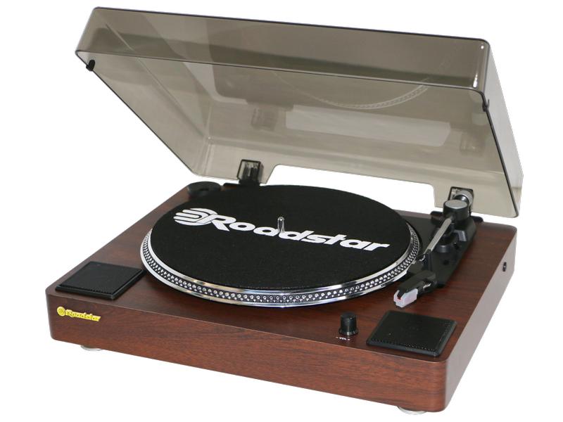 Roadstar Plattenspieler TT-260SPK Braun Plattenspieler Vintage Style 33, 45 oder 78,U/min., Riemenantrieb, Pre-Amplified Line Out, Aux In, eingebauter Verstärker 2x 1.5 W Lautsprecher