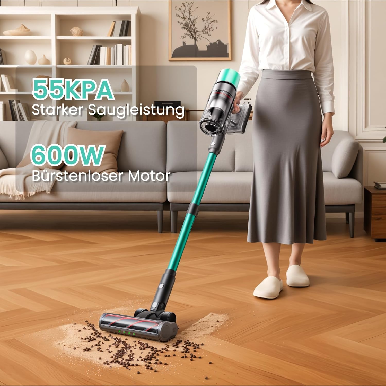 V5 Akku Staubsauger, 55Kpa/600W/80Mins Freistehend Staubsauger Kabellos, Ultralange Akkulaufzeit Akkustaubsaguer mit Automatikmodus für Teppich Tierhaare Hartböden