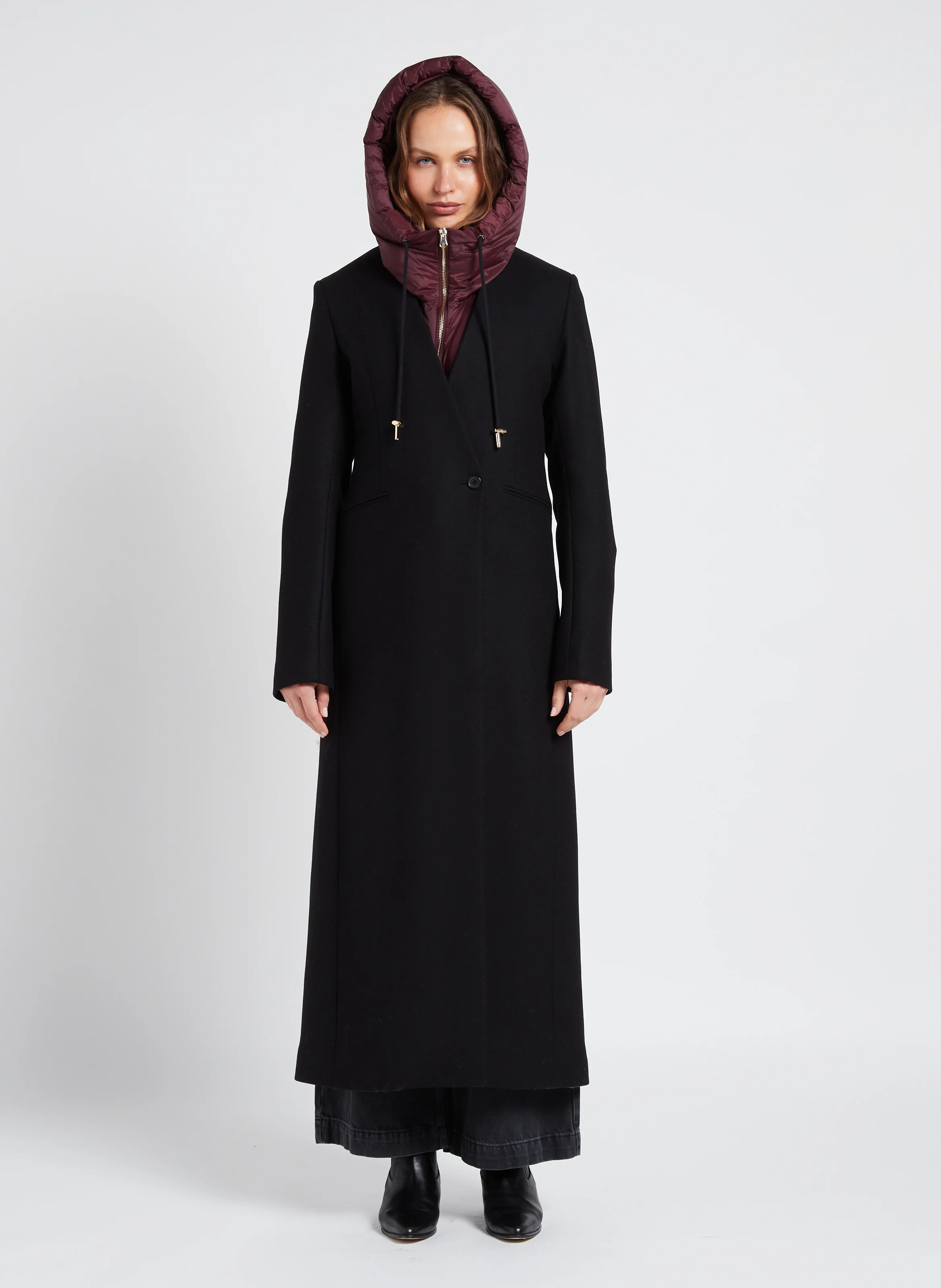 SOLO - Manteau col V en laine mélangée| Noir