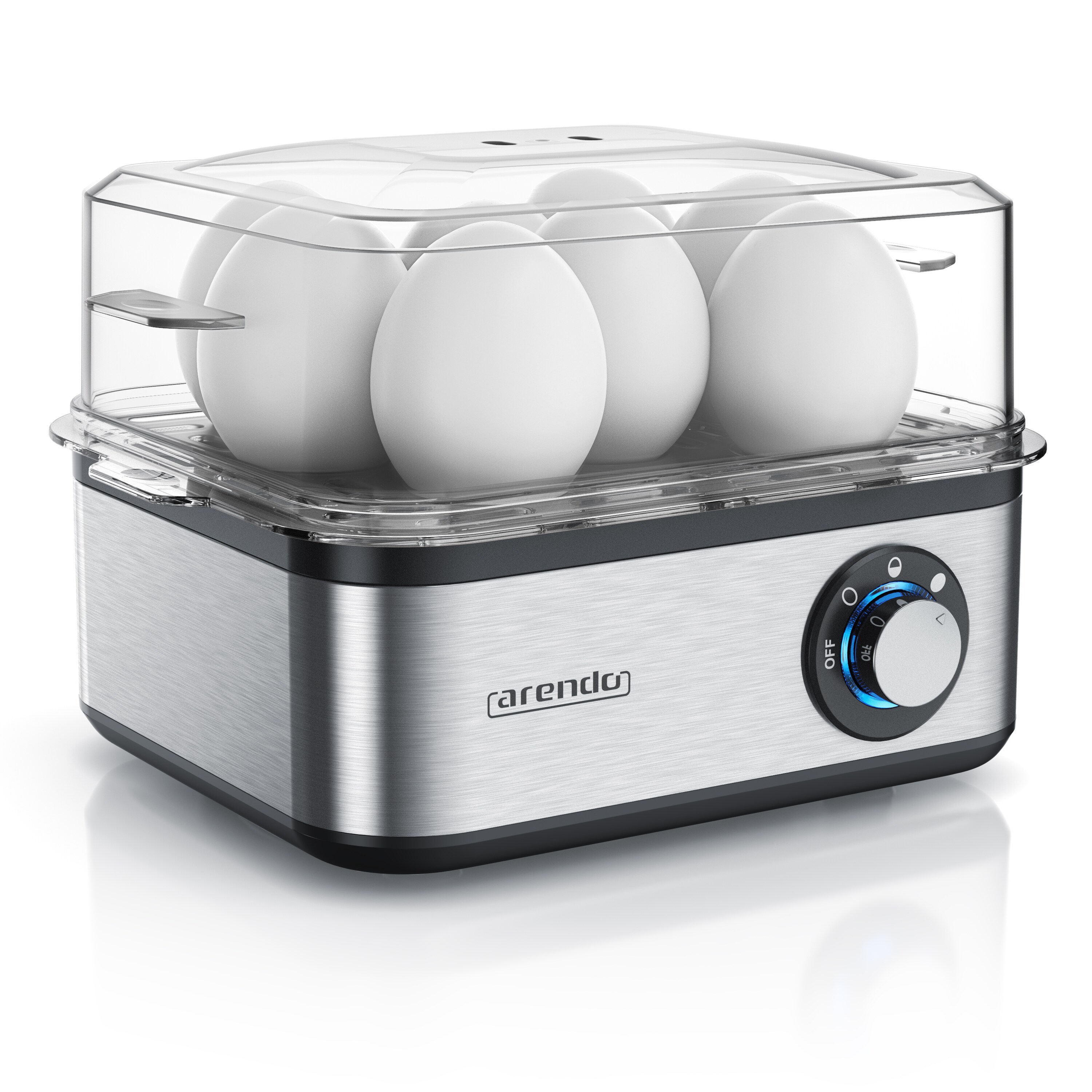 Arendo Eierkocher 8-fach, 500 W, Edelstahl, Härtegrad einstellbar, für 8 Eier, silber/schwarz