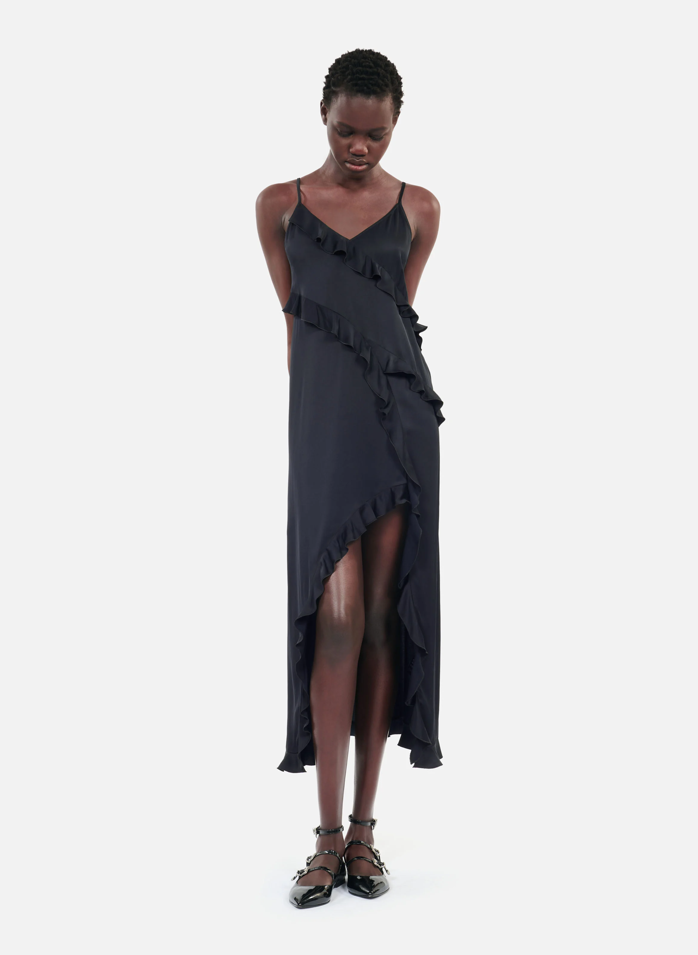 Robe midi ajustée col V | Noir