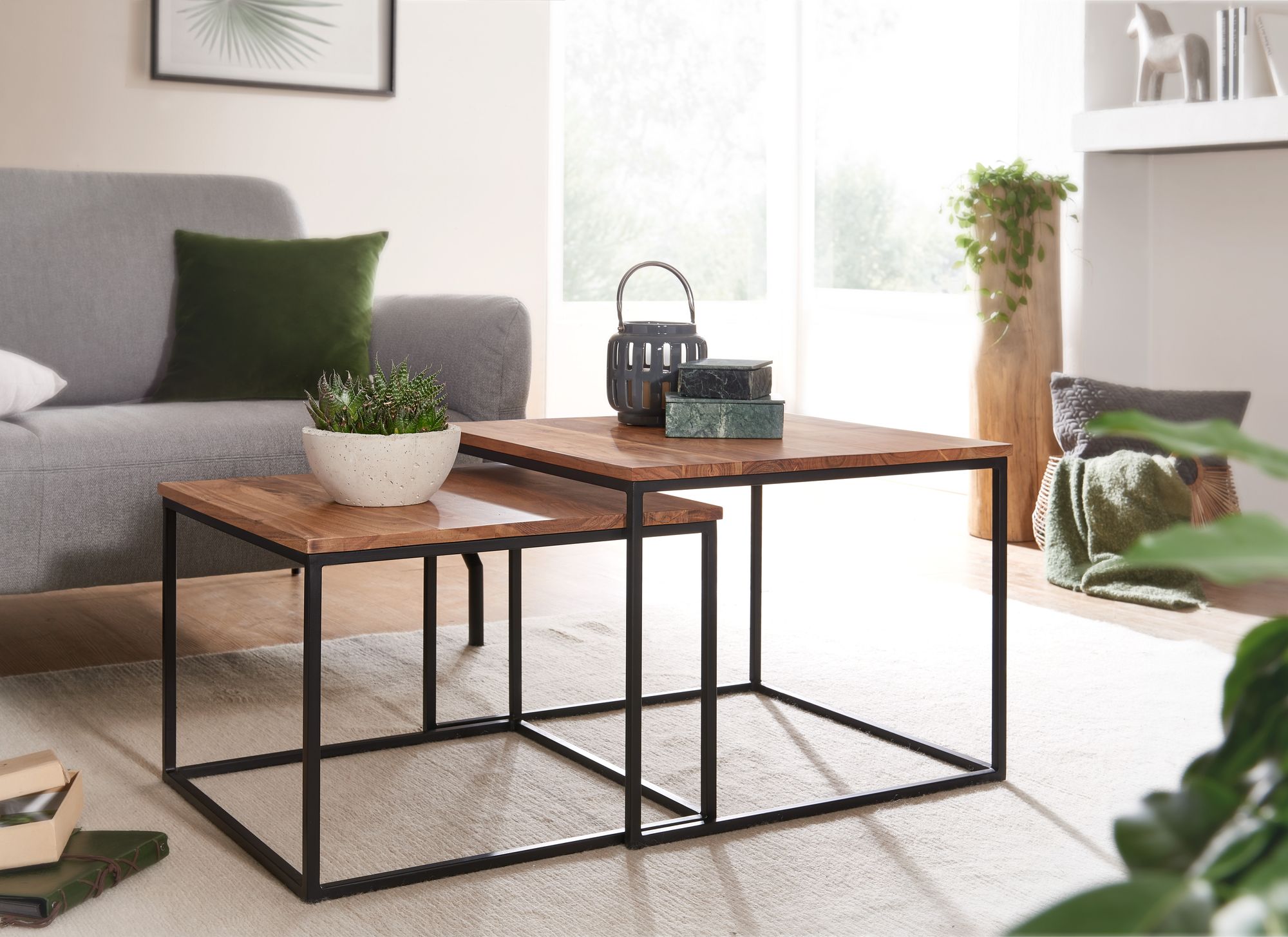 FineBuy Couchtisch Massivholz Metall Satztisch 2 teilig Eckig Beistelltisch Set