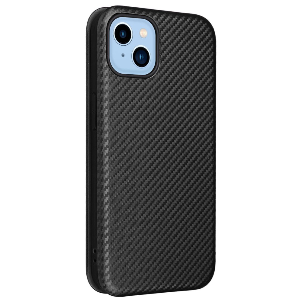 iPhone 14 Leder Tasche Flip Cover Carbon Look - Schwarz