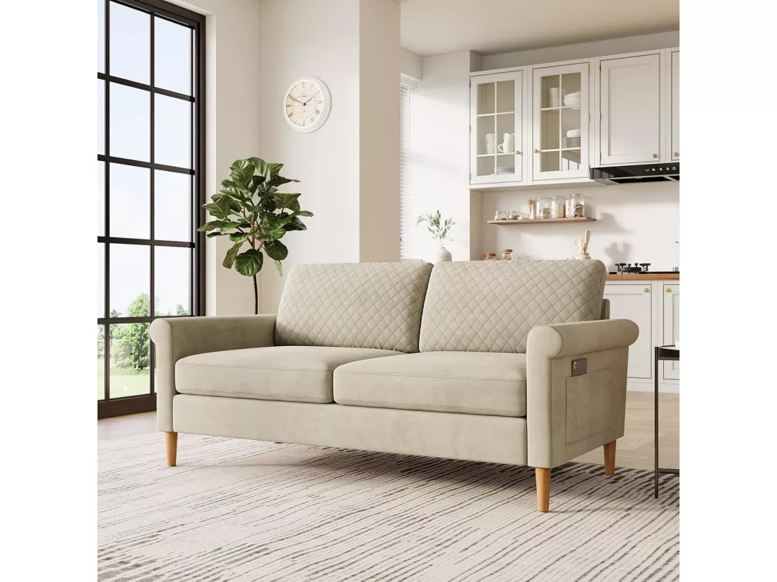 Canapé 2 places confort assise profonde en velours, pieds en bois, 164x76x85cm, Beige