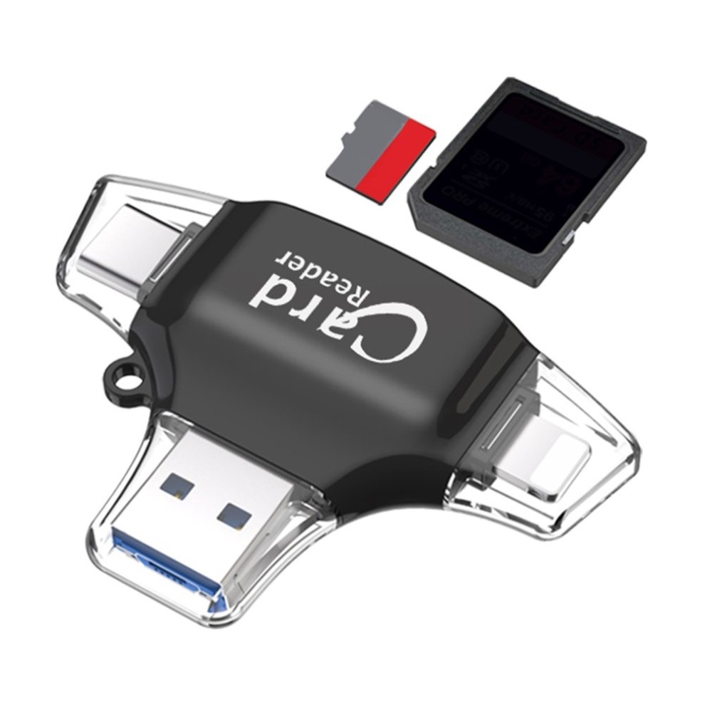 4in1 USB Mini Kartenlesegerät Card Reader Lightning / Micro USB / USB C / MicroSD & SD Karte - Schwarz
