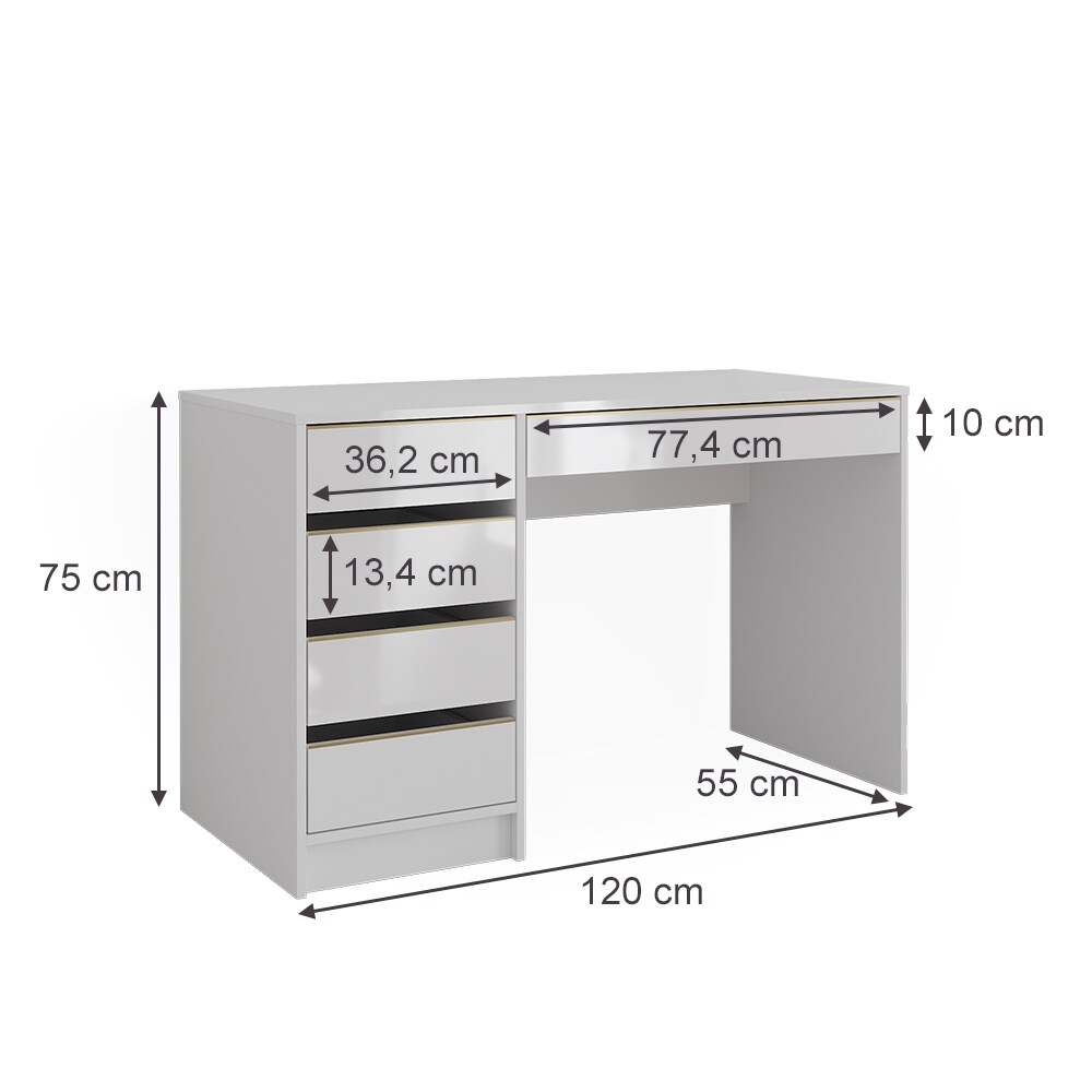 Vicco Schminktisch Sherry Weiß Hochglanz Gold 120 x 75 cm 5 Schubladen