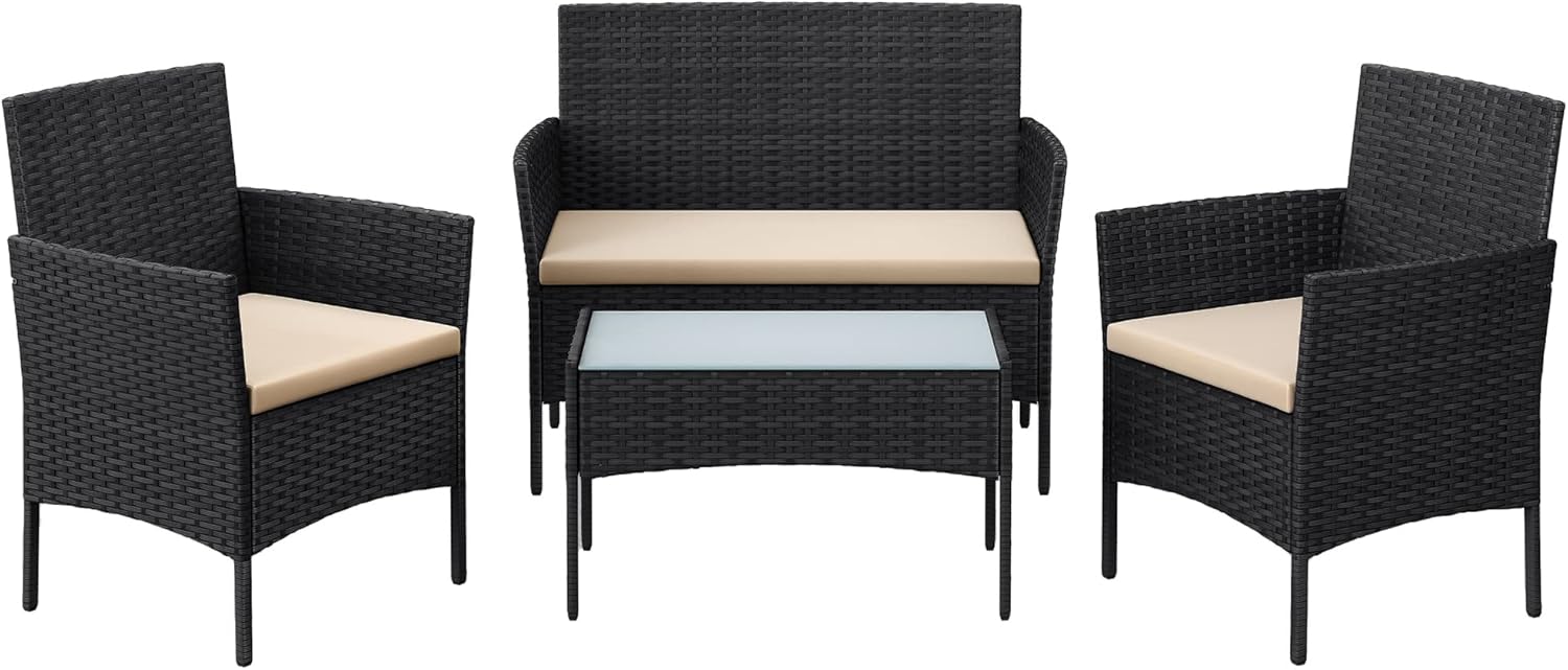 SONGMICS Balkonmöbel, Gartenmöbel-Set, aus PE-Polyrattan, Lounge-Set, Terrassenmöbel, Outdoor, für Terrasse, Balkon, Garten, schwarz-Taupe GGF004B05