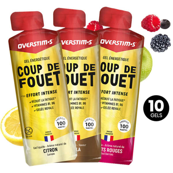 Gels énergétiques OVERSTIMS COUP DE FOUET ASSORTIMENT (COLA, CITRON, FRUITS ROUGE) PACK X10