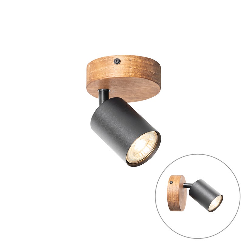 Industriële spot, zwart met hout, kantelbaar - Jeana