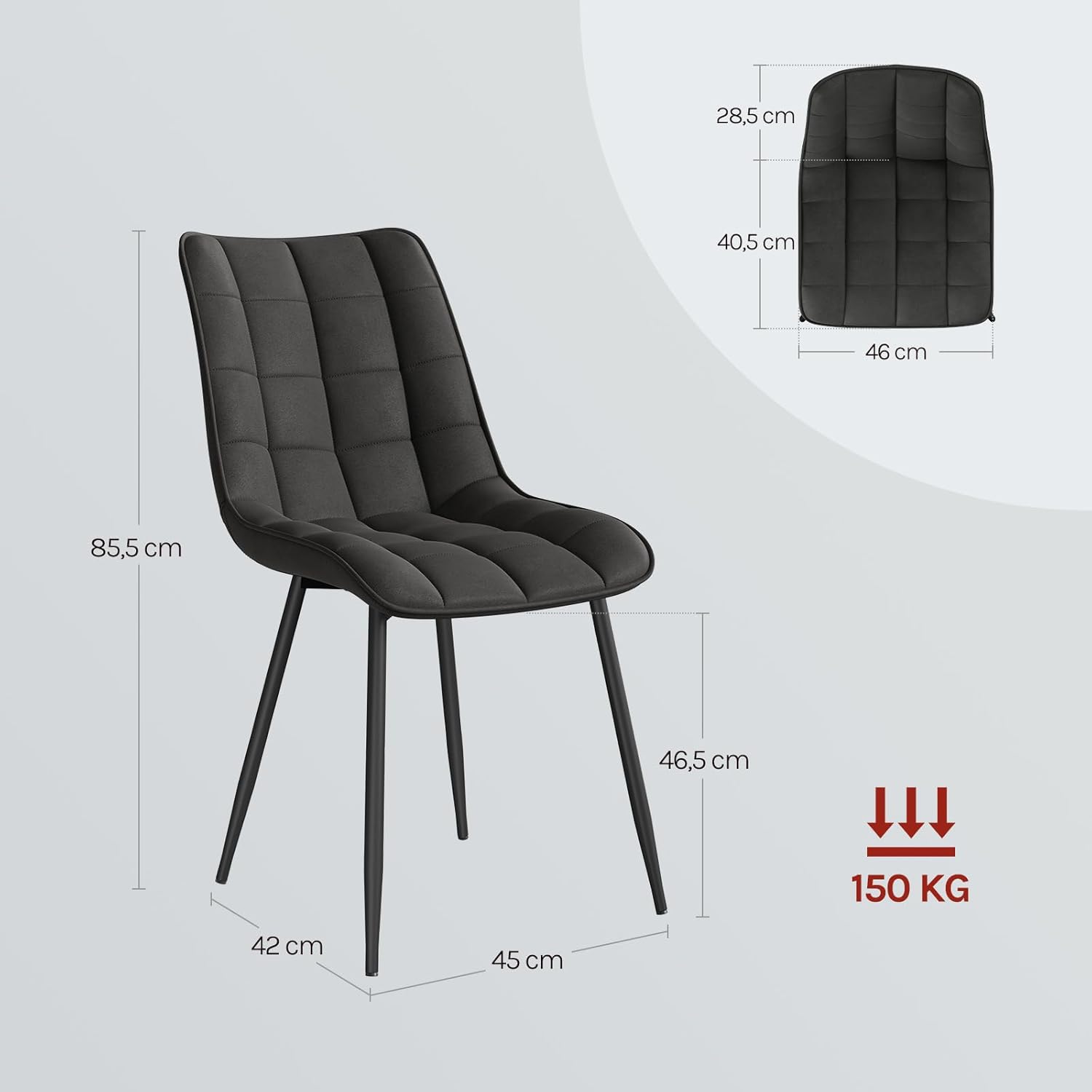 WOLTU Esszimmerstühle 2er Set, für Wohnzimmer Küche Esszimmer, Küchenstühle gepolstert mit Rückenlehne, Sitzfläche aus Stoffbezug, mit Metallbeinen, bis 150 kg belastbar, Anthrazit