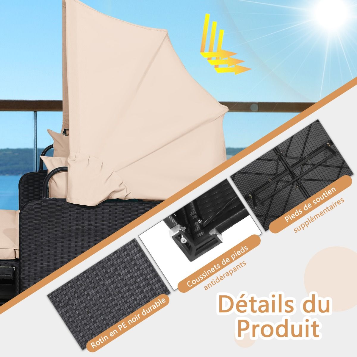 Chaise Longue à 2 Places en Rotin avec Auvent Rétractable Bain de Soleil avec Panneaux Latéraux Pliables Charge 360KG Beige/Gris - Lidl-Manfred