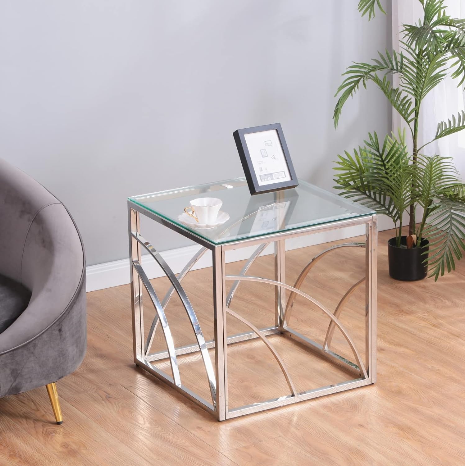 Beistelltische Couchtisch Sofatisch für Wohnzimmer, Schlafzimmer Küche Café und Bar, moderner Kaffeetisch mit Edelstahl Gestell und transparentem Hartglas (quadratisch silbern)